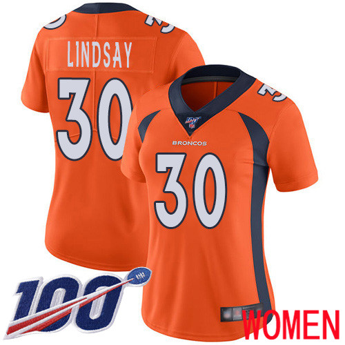 Women Denver Broncos 30 Phillip Lindsay Orange Team Color Vapor Untouchable Limited Player 100th Season Football NFL Jersey